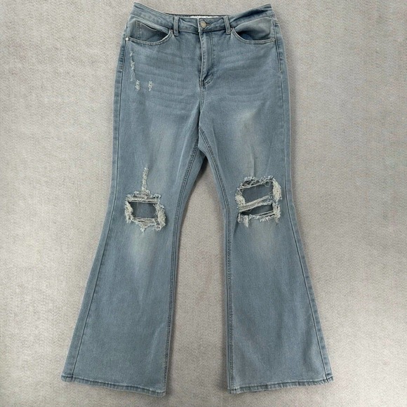 Indigo Rein High Rise Flare Leg Curvy Jeans Womens 15 Stretch Denim Blue Ripped - Picture 1 of 14